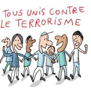 Karikaturbillede. med fransk tekst. Alle samler vi os mod terrorisme