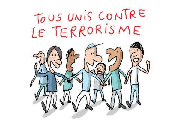 Karikaturbillede. med fransk tekst. Alle samler vi os mod terrorisme