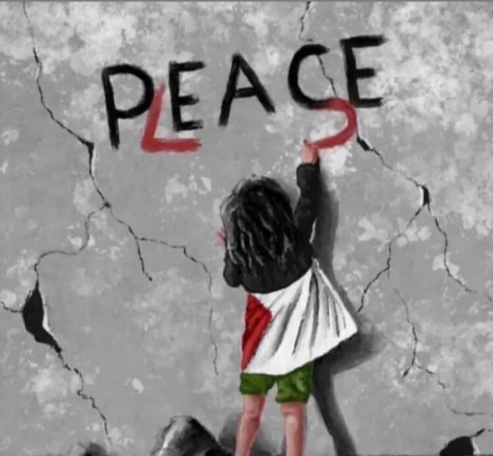 Lille pige på tæer skrver på en væg, hvor der først stod Peace, tilføjende, så der står Please
