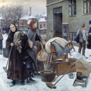 Maleri Erik Henningsen Damilien står forjknyt, mens fogeden ser på. Trækvogn med ejendele