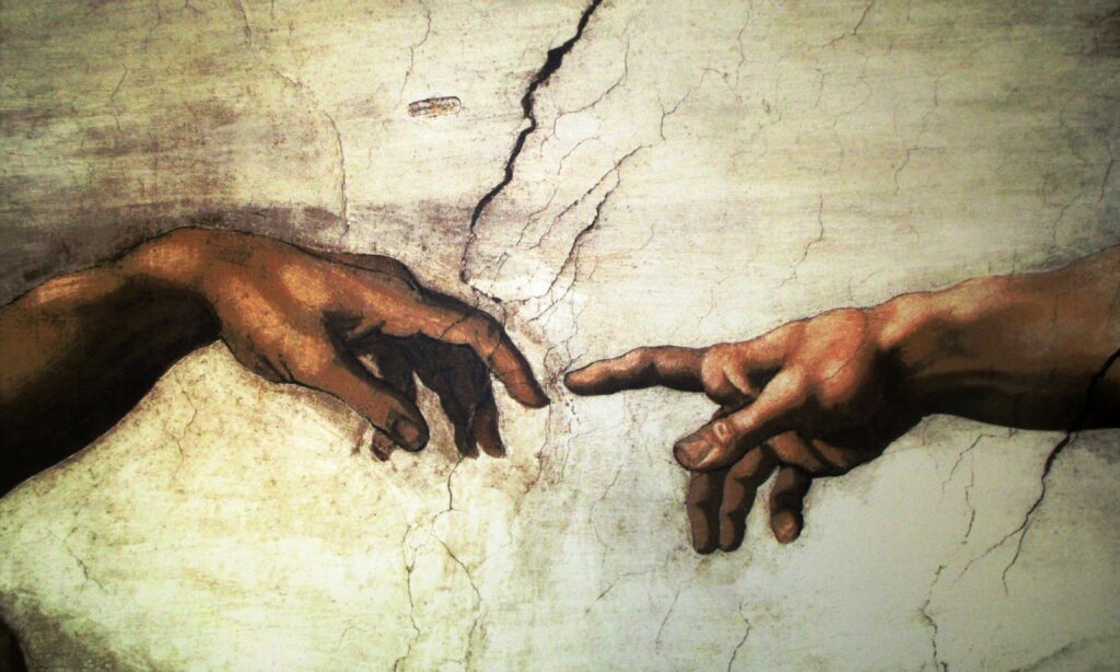 Michelangelo, detalje fra det sixtinske kapel - gudsfiinfer mellemrum menneskets