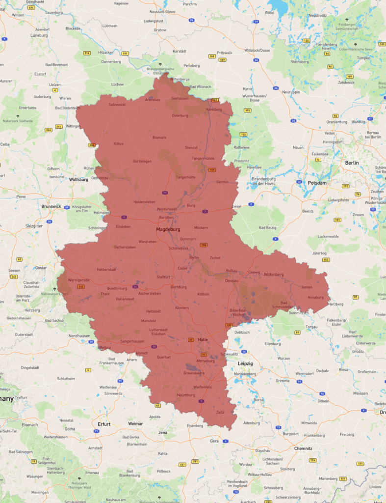 Kort over Sachsen-Anhalt